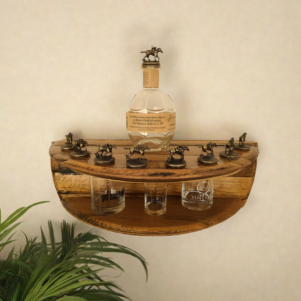 Handmade solid wood 2-tier shelf fits a Blanton's bottle, horse cork stoppers, and three glasses—crafted from barrel wood for an elegant bourbon display in any space.