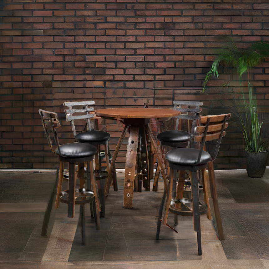 The Barrel Stave Table With Swivel and Reverse Leg Stools sits against a brick wall with a potted plant, adding rustic charm reminiscent of repurposed whiskey barrels.