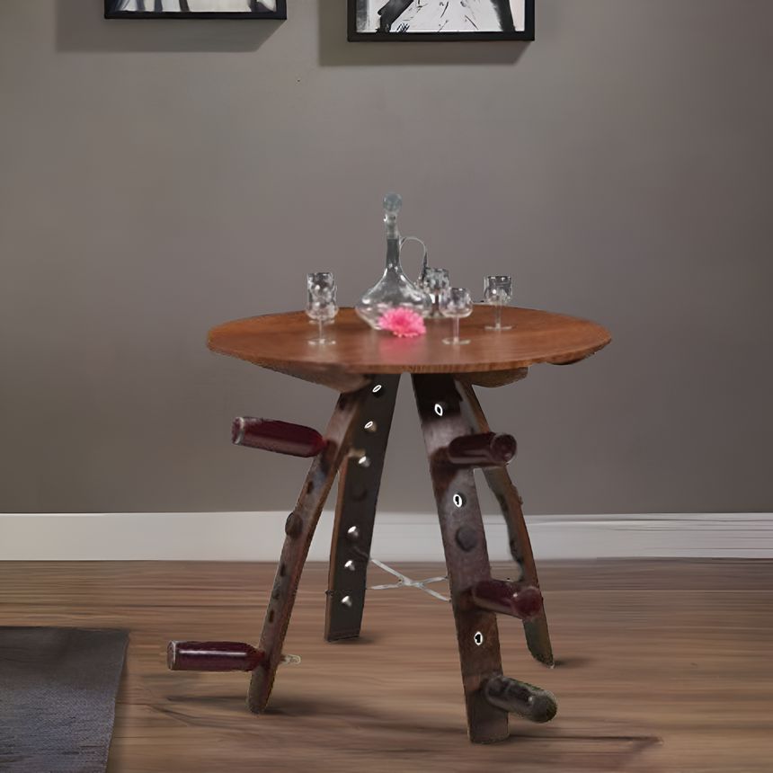 The Barrel Stave Table, crafted from authentic whiskey barrels, features wine bottle storage in its rustic wooden legs. Topped with glassware and a pink flower, it offers a distinctive design for any space.