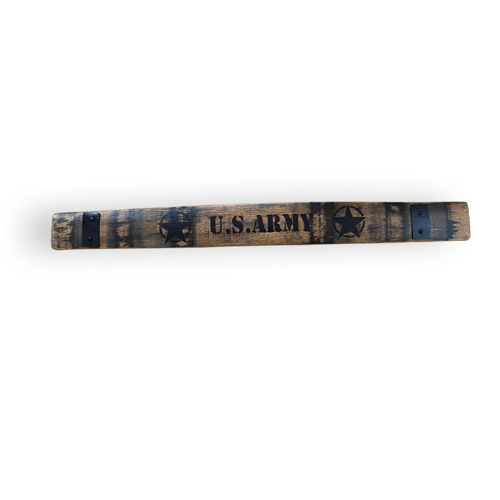 Barrel Staves made from reclaimed oak with metal bands, featuring "U.S. ARMY" and a star symbol, isolated on a white background.