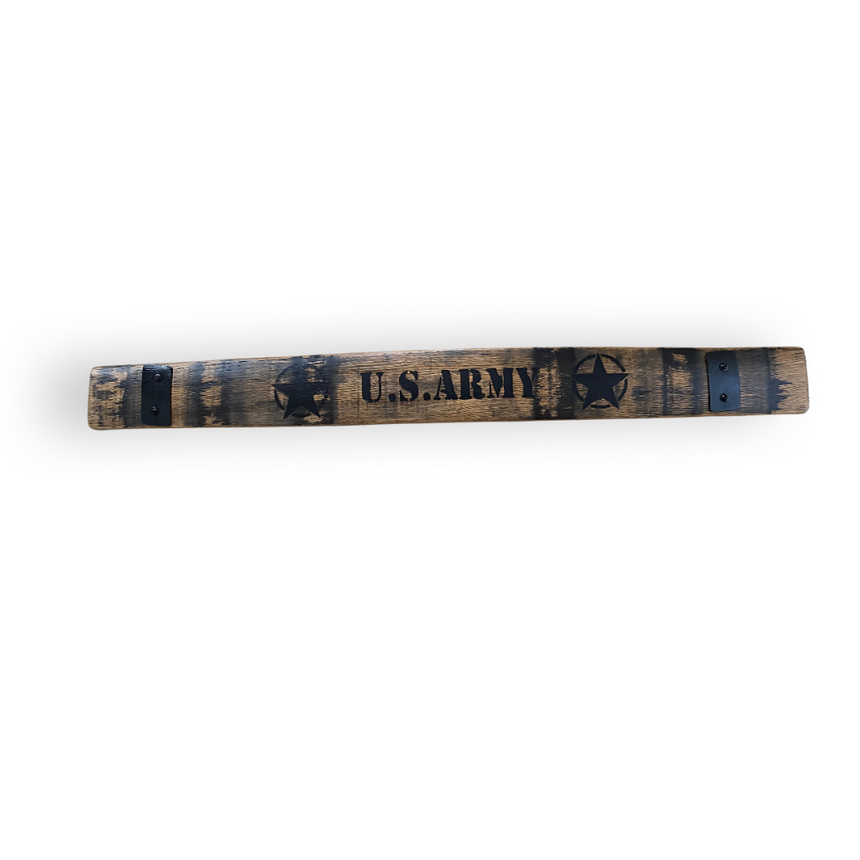 Barrel Staves made from reclaimed oak with metal bands, featuring "U.S. ARMY" and a star symbol, isolated on a white background.