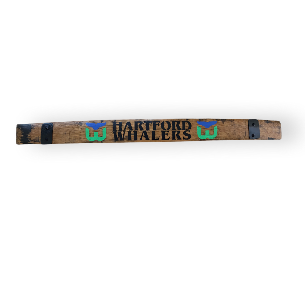 A Barrel Stave crafted from reclaimed oak, painted with "Hartford Whalers" text and two team logos.