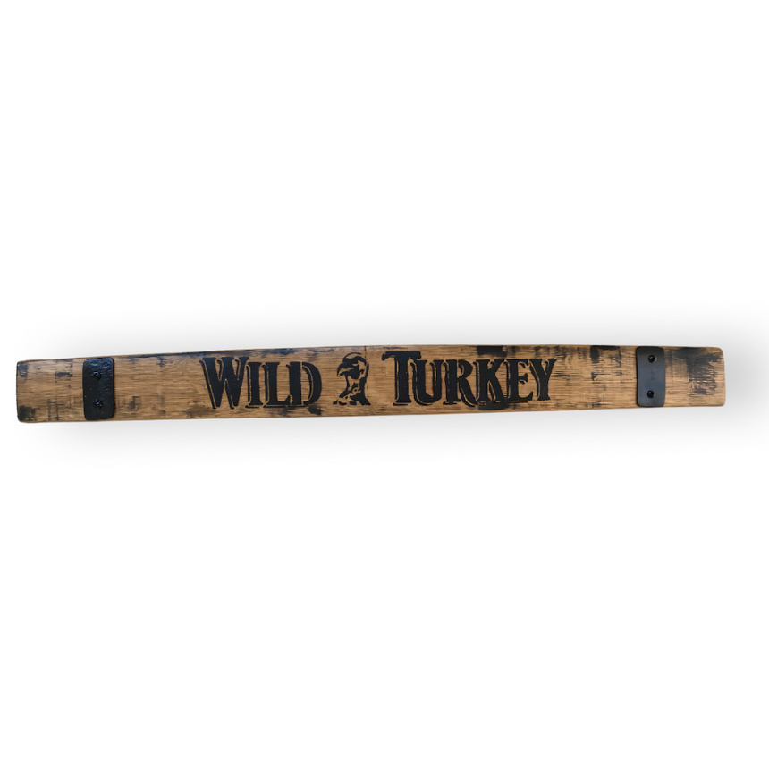 Barrel Staves made from reclaimed oak, each featuring “Wild Turkey” and a turkey logo in black, plus metal bands on both ends.