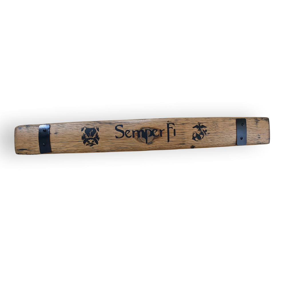 Barrel Staves: Wooden plaque made from whiskey barrel staves, featuring "Semper Fi" and Marine Corps emblems, accented with black metal brackets on each end.