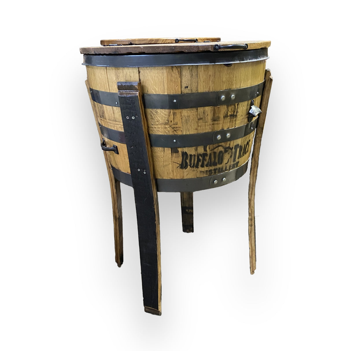 Handmade solid wood barrel outdoor bottle cooler fits whiskey, wine, and beer bottles; black metal bands and tall legs provide great insulation to keep drinks cold.