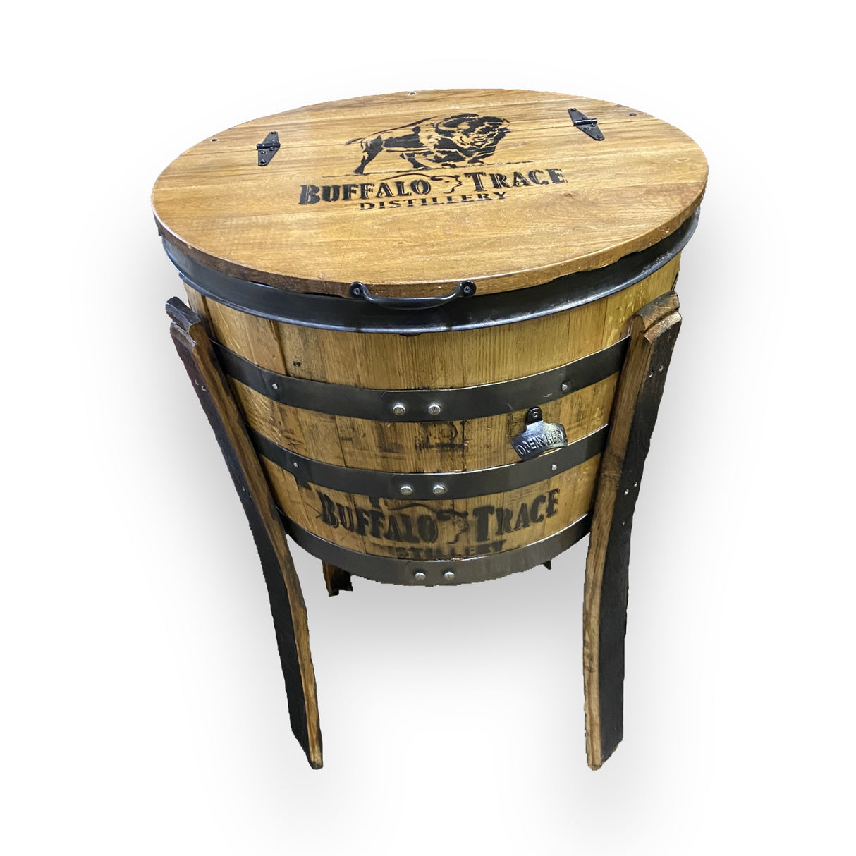 Handmade solid wood barrel table, featuring "Buffalo Trace Distillery" logo and metal bands, stands on three wooden legs—perfect as an outdoor bottle cooler for whiskey, wine, or beer bottles.