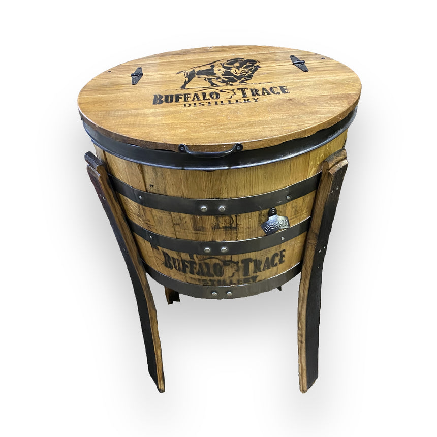 Handmade solid wood barrel table, featuring "Buffalo Trace Distillery" logo and metal bands, stands on three wooden legs—perfect as an outdoor bottle cooler for whiskey, wine, or beer bottles.