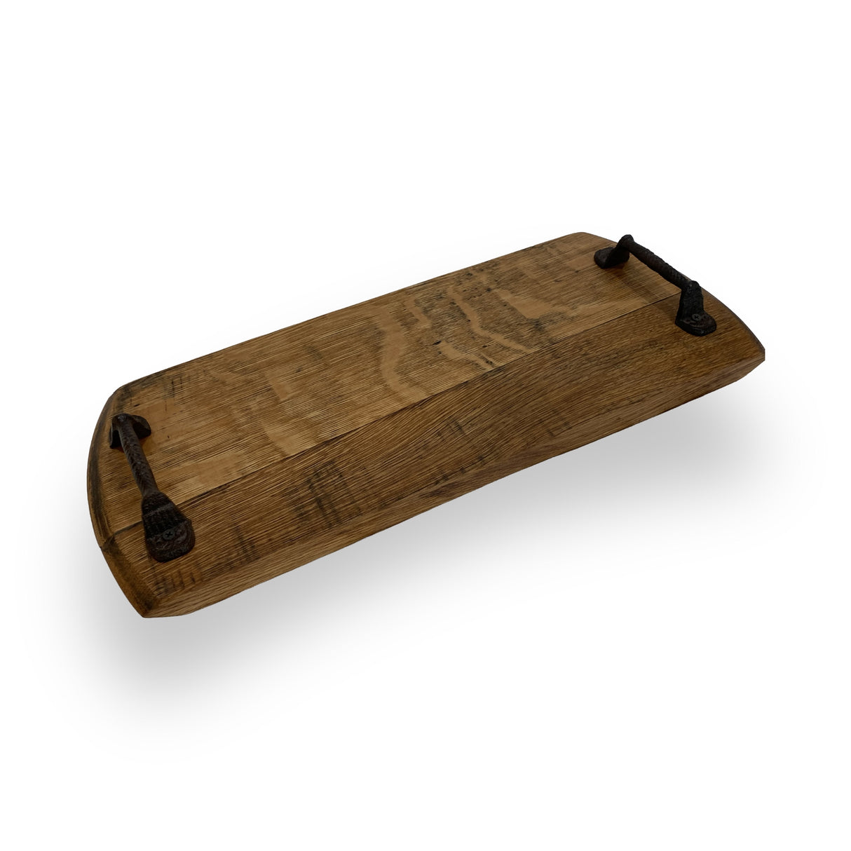 Handmade Charcuterie and Cheese Rectangle Wooden Serving Board, full size, crafted from solid wood with metal handles—ideal as a rustic serving or charcuterie board.