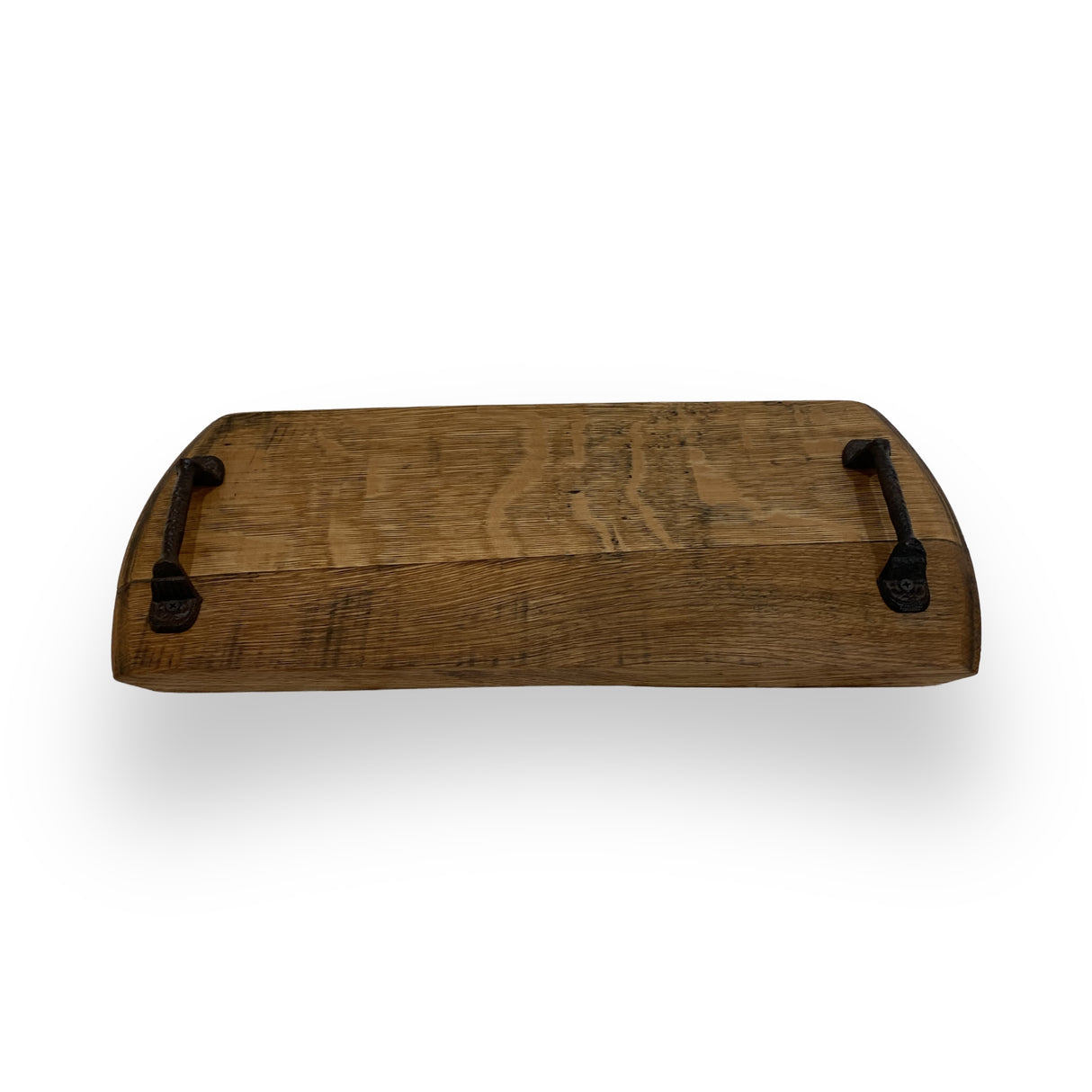The Charcuterie and Cheese Rectangle Wooden Serving Board, Full Size, features hand made solid wood construction and metal handles for a rustic touch to your table; shown here isolated on a white background.