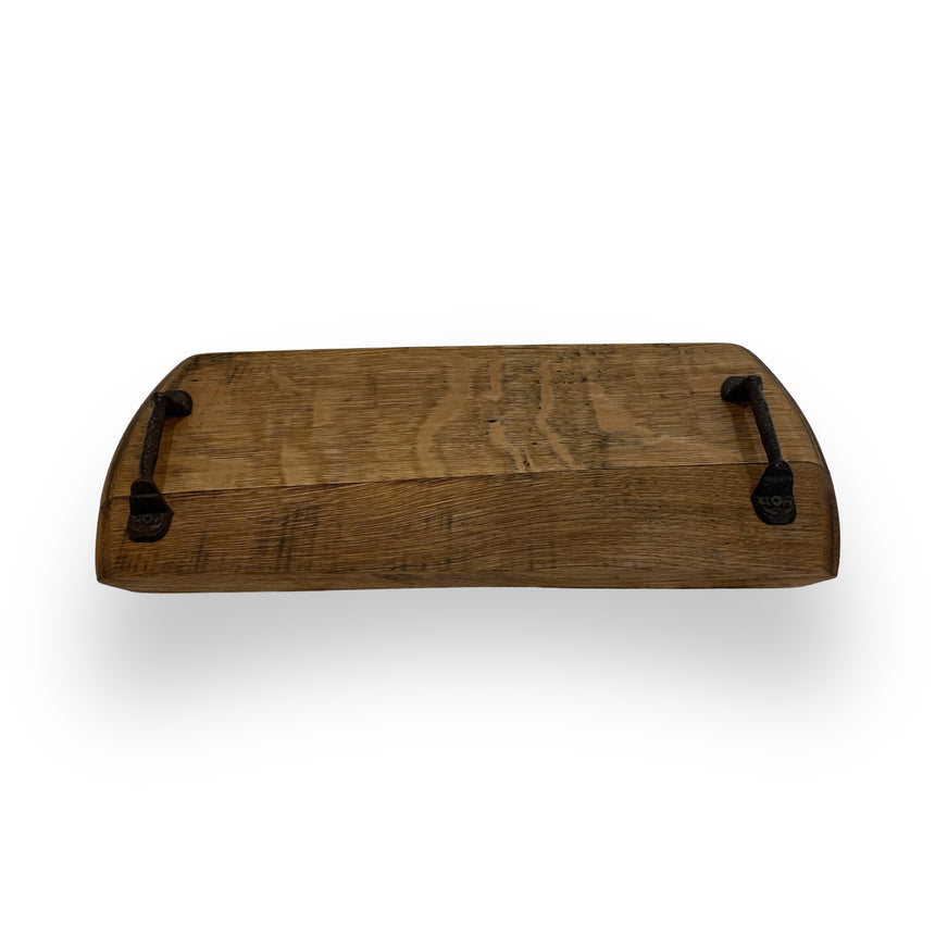 The Charcuterie and Cheese Rectangle Wooden Serving Board, Full Size, features hand made solid wood construction and metal handles for a rustic touch to your table; shown here isolated on a white background.