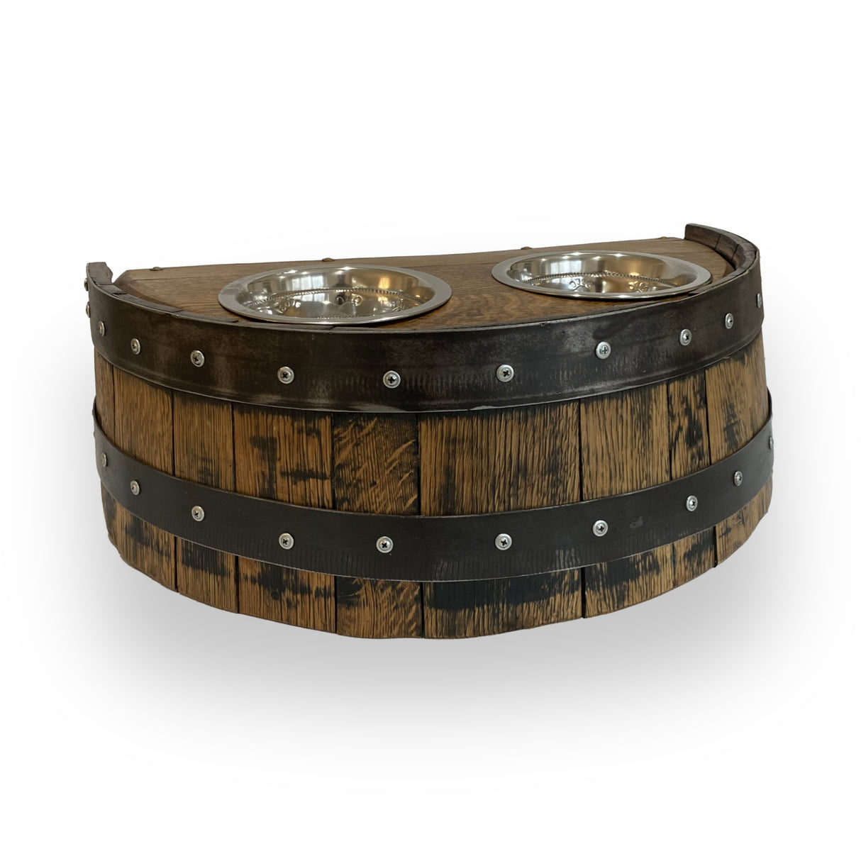 The Whiskey Barrel Pet Feeder is a sturdy, wooden, barrel-style elevated feeder with two metal bowls and decorative studs—adding charm and style to your space.