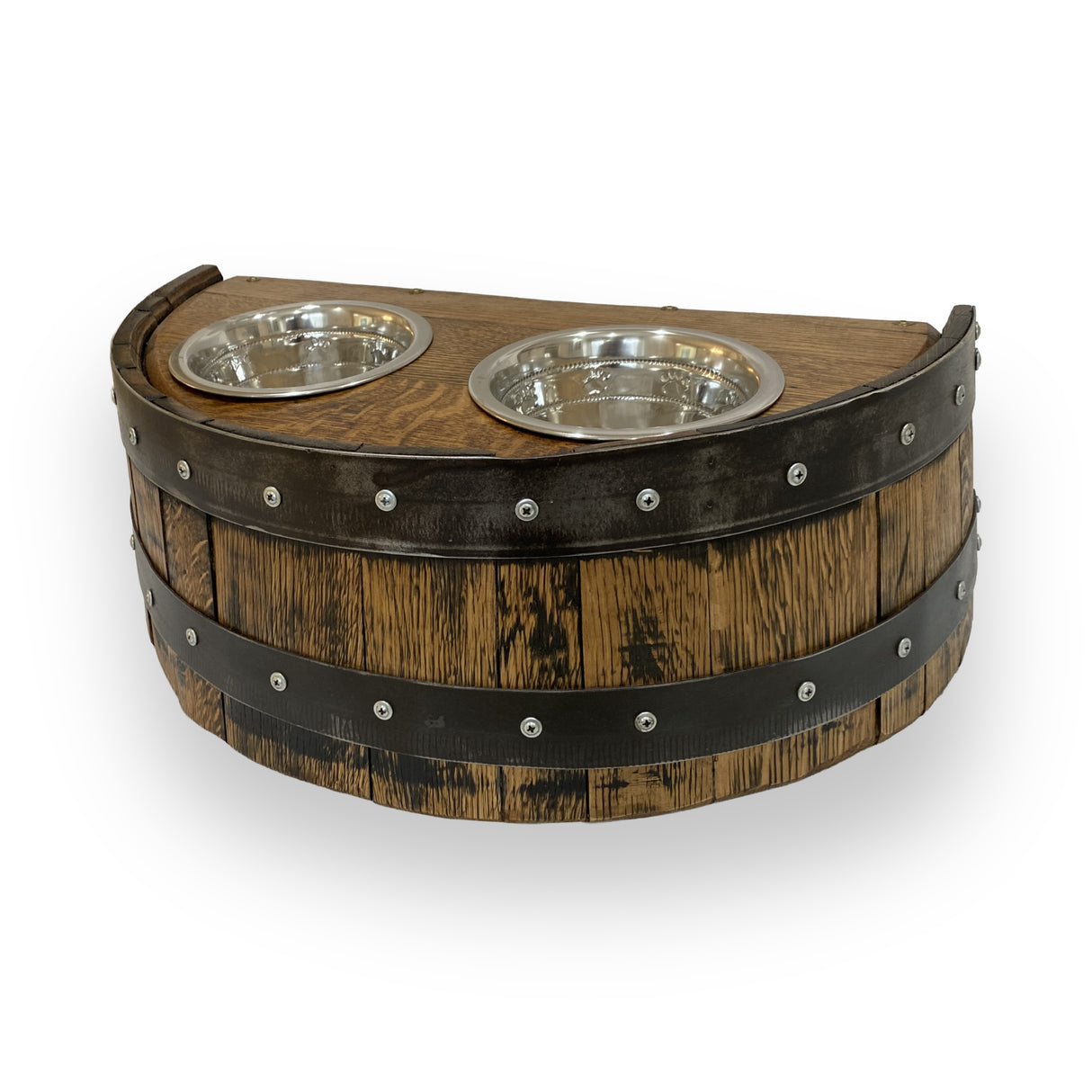 The Whiskey Barrel Pet Feeder features two stainless steel bowls atop a rustic, sturdy whiskey barrel design—combining charm and durability for your beloved pets.