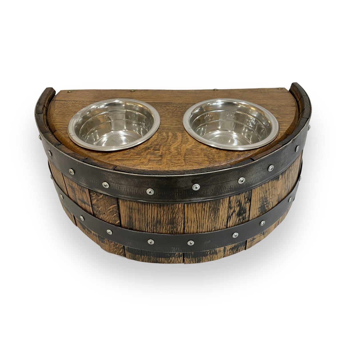 The Whiskey Barrel Pet Feeder features an elevated design with two stainless steel bowls on top, providing a sturdy and stylish feeding solution for pets, shown isolated on a white background.