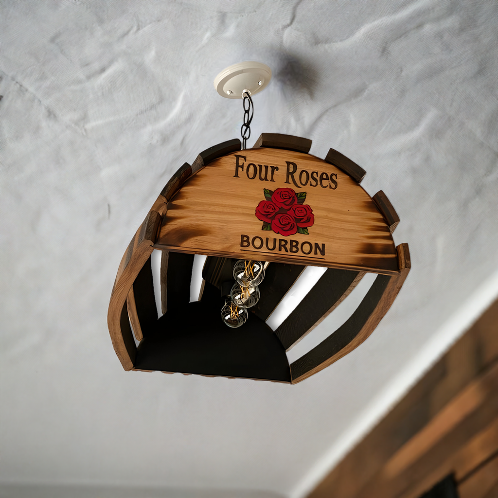 Handmade solid wood barrel stave billiards pool table overhead light with 4 bulbs, inspired by Four Roses Bourbon—adds authentic whiskey barrel style and is perfect for elevating your game room décor.