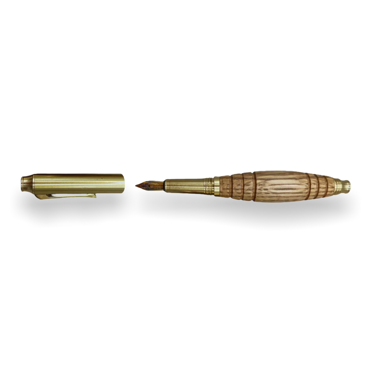 The Bourbon Barrel Fountain Pen, handcrafted from reclaimed Kentucky bourbon barrels with gold and wood accents, is shown uncapped beside its lid on a white background.