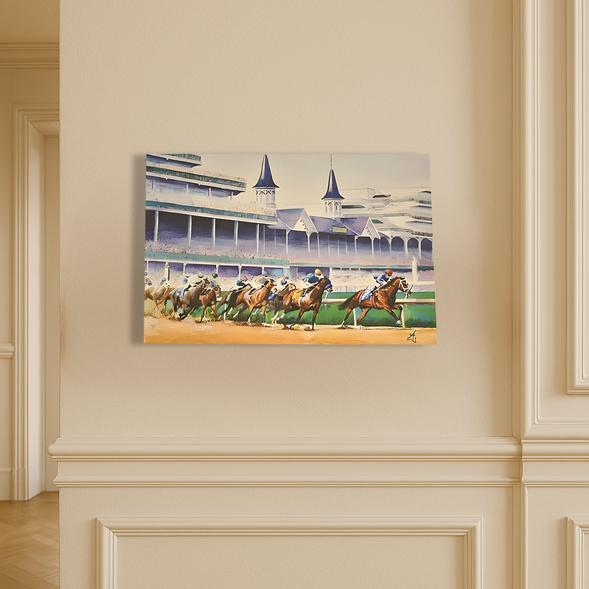 The "Day at the Races" canvas wall art, featuring a horse race scene, is elegantly displayed on a beige hallway wall under bright lighting.