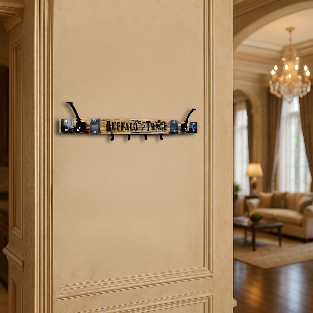 A beige column in this elegant living room is adorned with a Coat & Key Wooden Wall Mounted Rack, Buffalo Trace inspired, featuring 2 double coat hooks and 4 key hooks.