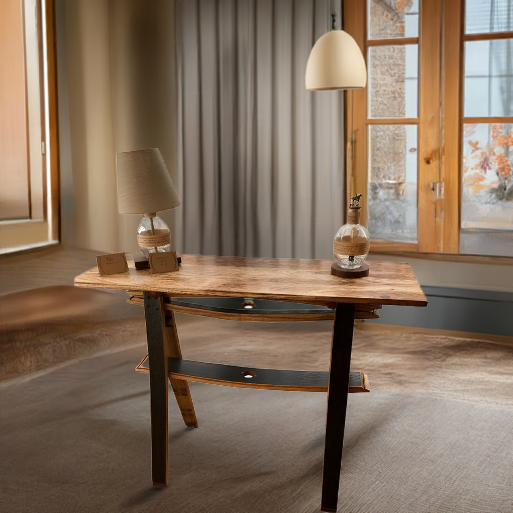 A hand-made solid wood console table, perfect for a foyer, entryway, or as a sofa table, adds rustic charm beneath sunlit windows framed by light curtains and is paired with two lamps.