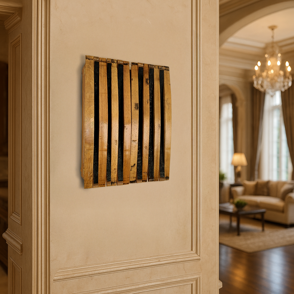 Handmade solid wood dart board cabinet, crafted from barrel staves and designed for standard tournament boards, displayed on a beige wall in an elegant living room with classic decor.