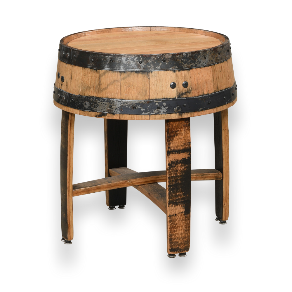 The Barrel End Table features light-colored wood, aged metal bands, and four sturdy legs, displayed on a white background.