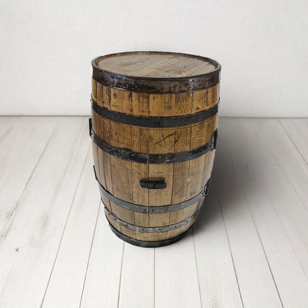 A Full Barrel Cabinet with shelves and glassware holders, featuring full bar and hand-made wood barrel construction, sits against a plain wall on a light wooden floor, bringing rustic charm to the space.