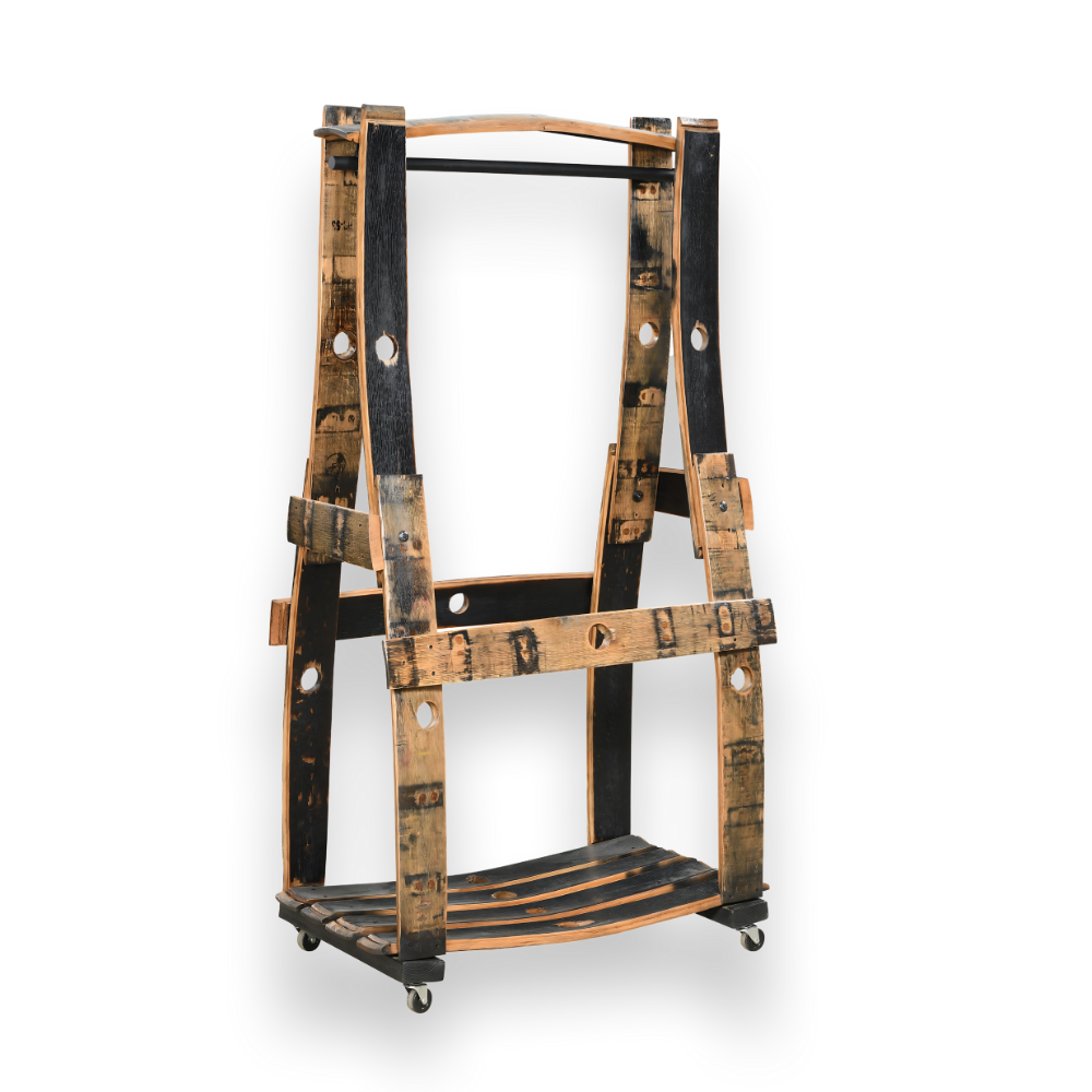 The Barrel Garment Rack, crafted from reclaimed whiskey barrel staves and wheels, is an eco-friendly, unique garment holder displayed against a white background.