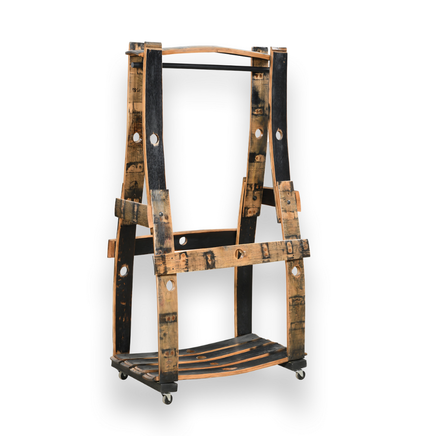 The Barrel Garment Rack, crafted from reclaimed whiskey barrel staves and wheels, is an eco-friendly, unique garment holder displayed against a white background.