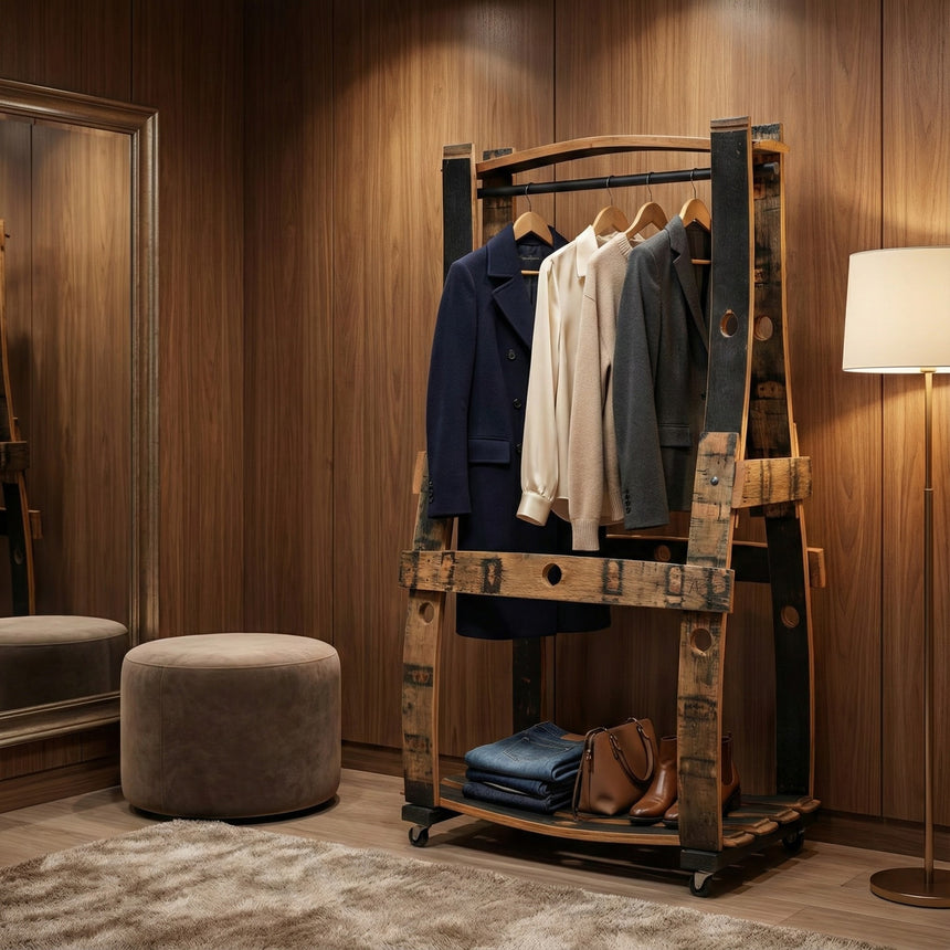 The Barrel Garment Rack, featuring space for hanging clothes and a shelf for folded jeans or bags, adds warmth and charm to a cozy wood-paneled room.