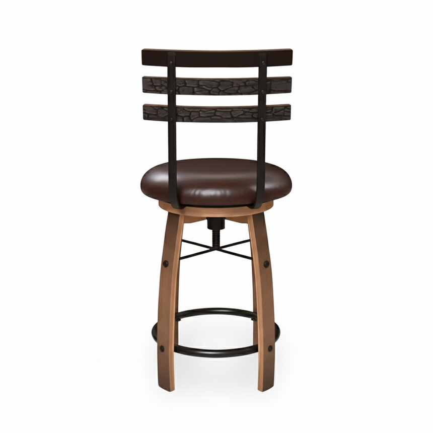 Bar Stool with Swivel Cushioned Seat & Stave Back, featuring brown upholstery, wooden legs, and a decorative slatted backrest inspired by bourbon barrel furniture, shown from the rear.