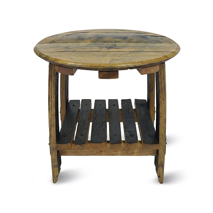 The Side Table With Barrel Head & Rack features a repurposed barrel head top, a slatted lower shelf, and rustic charm, making it an elegant accent for any space.