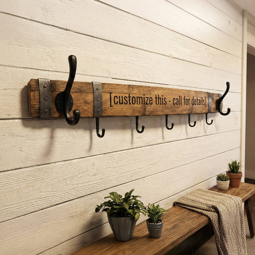 Coat & Key Wooden Wall Mounted Rack with 2 double coat hooks and 4 key hooks—ideal above a bench for organizing coats, keys, and more, creating a rustic entryway for your home.