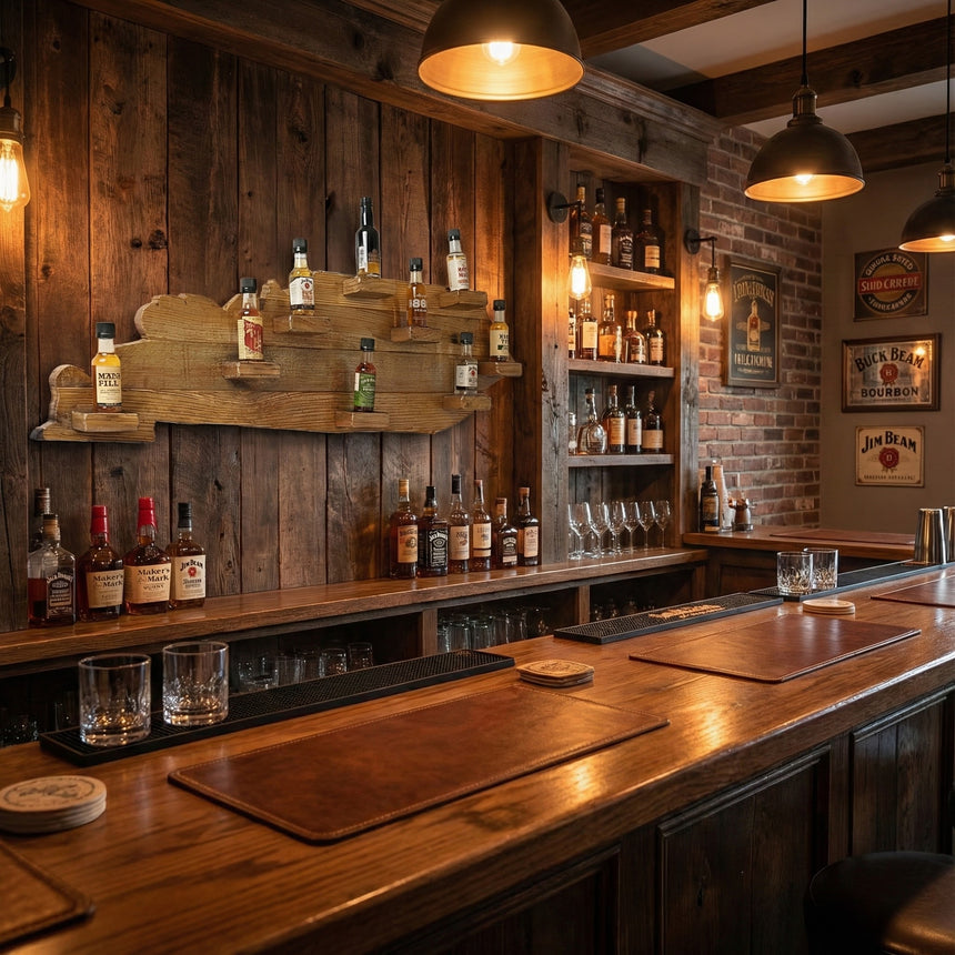Rustic home bar featuring the Kentucky Wood Map Shelf, whiskey nipper display, liquor bottles, warm lighting, and vintage bar signs on the wall.