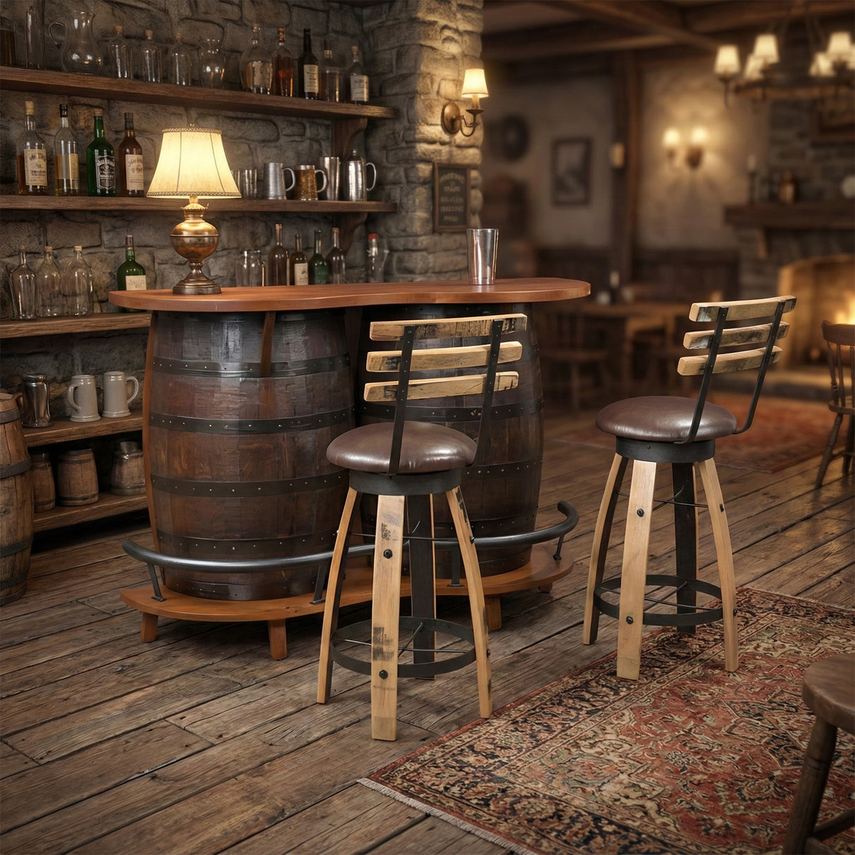 Cozy rustic bar featuring a Barrel Bar Table with Chairs, shelves of bottles, and warm ambient lighting.