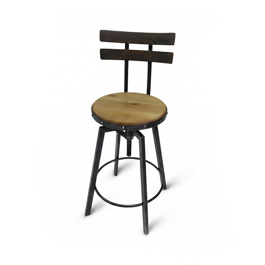 Swivel Barstool With Backrest, Solid Wood Barrel Head Base, Hand Made Metal Frame Construction