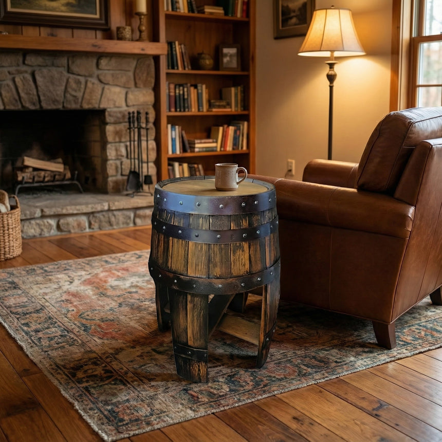 A rustic living room featuring an End Table with Stave Legs, Hand Made Solid Wood Barrel Construction, a leather chair, and a stone fireplace captures the warmth of classic rustic home decor.