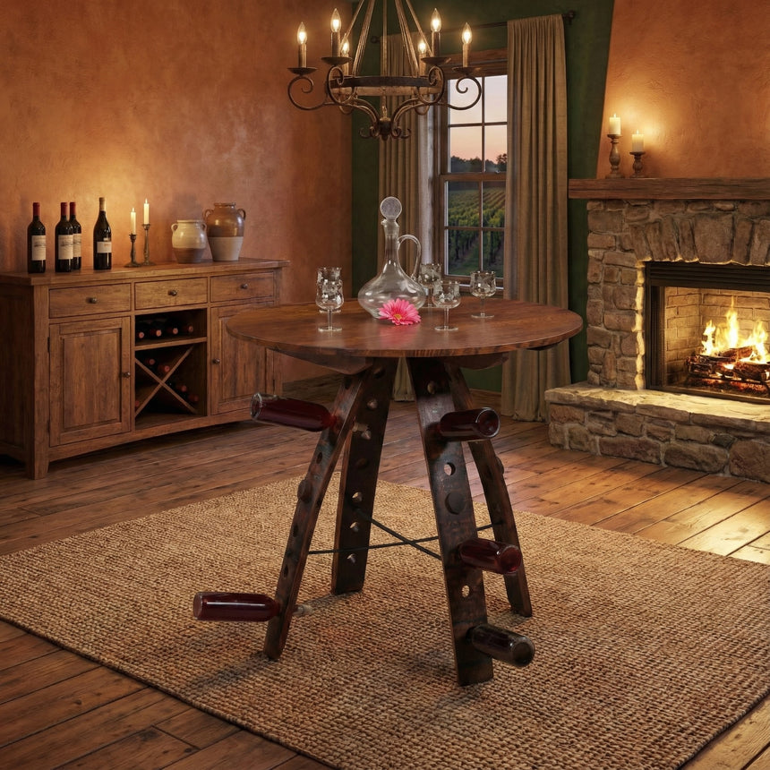 Cozy rustic room featuring a Barrel Stave Table for wine display, fireplace, wooden furniture, and wine bottles showcased.
