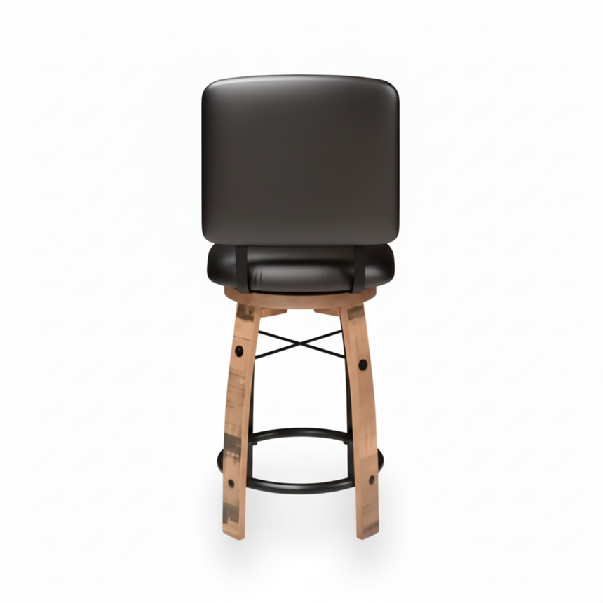 The Bar Stool Cushioned Seat With Back Cushion features a whiskey barrel-inspired wooden design and a black cushioned seat with back, shown from the front against a white background.