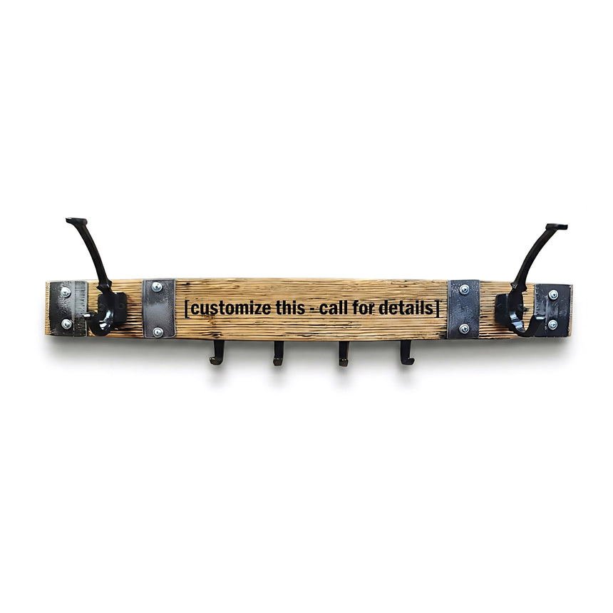 Coat & Key Wooden Wall Mounted Rack: Features 2 double coat hooks and 4 key hooks, crafted from wood. This organizer keeps your entryway tidy, and the text is customizable—call for details.