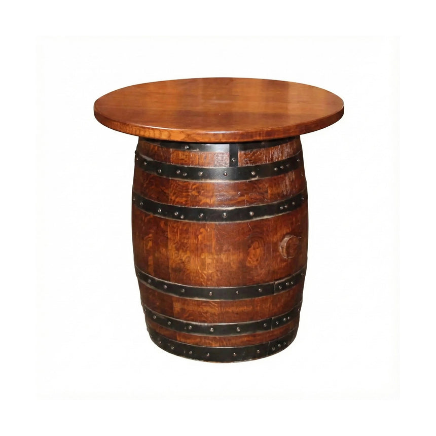 The Small Barrel End Table features a round wooden top and an upright barrel base with black metal bands, making it a stylish choice for bourbon furniture lovers.