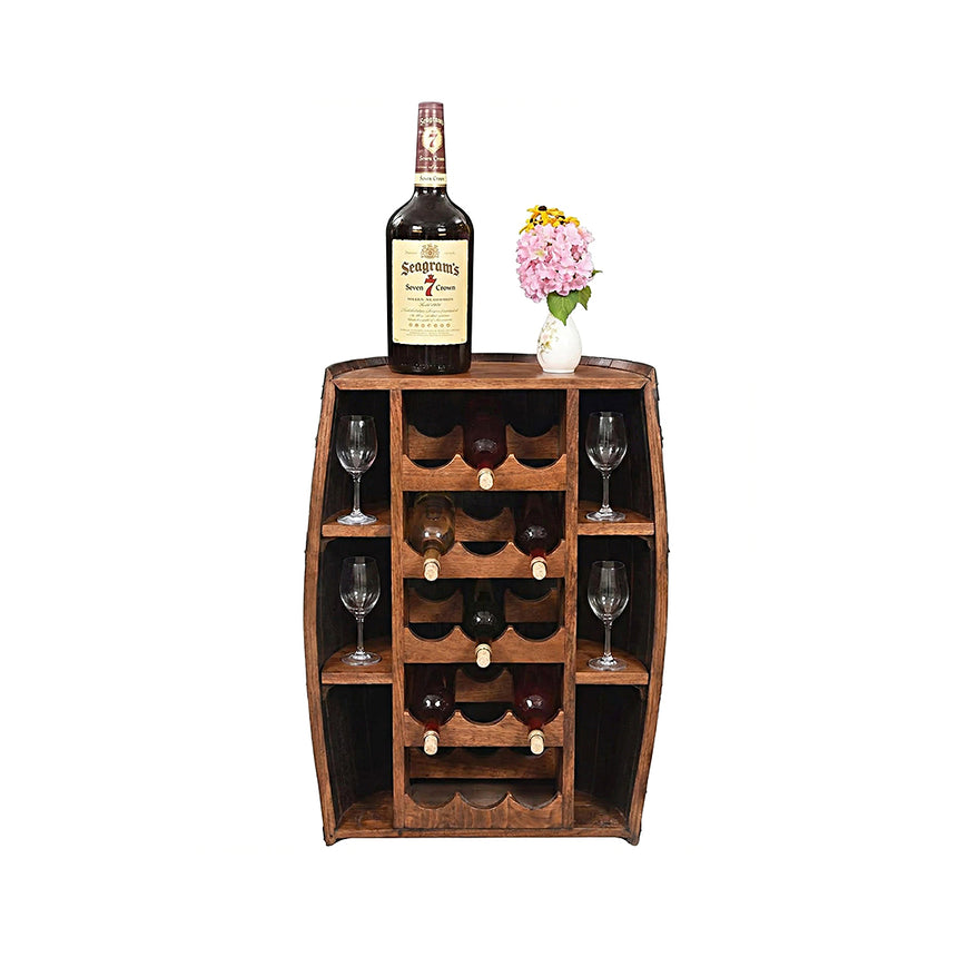 The Half Barrel Bottle Holder wine rack holds bottles, glasses, and a whiskey bottle, with space on top for decor like a pink flower vase—an ideal rustic touch for your home bar.