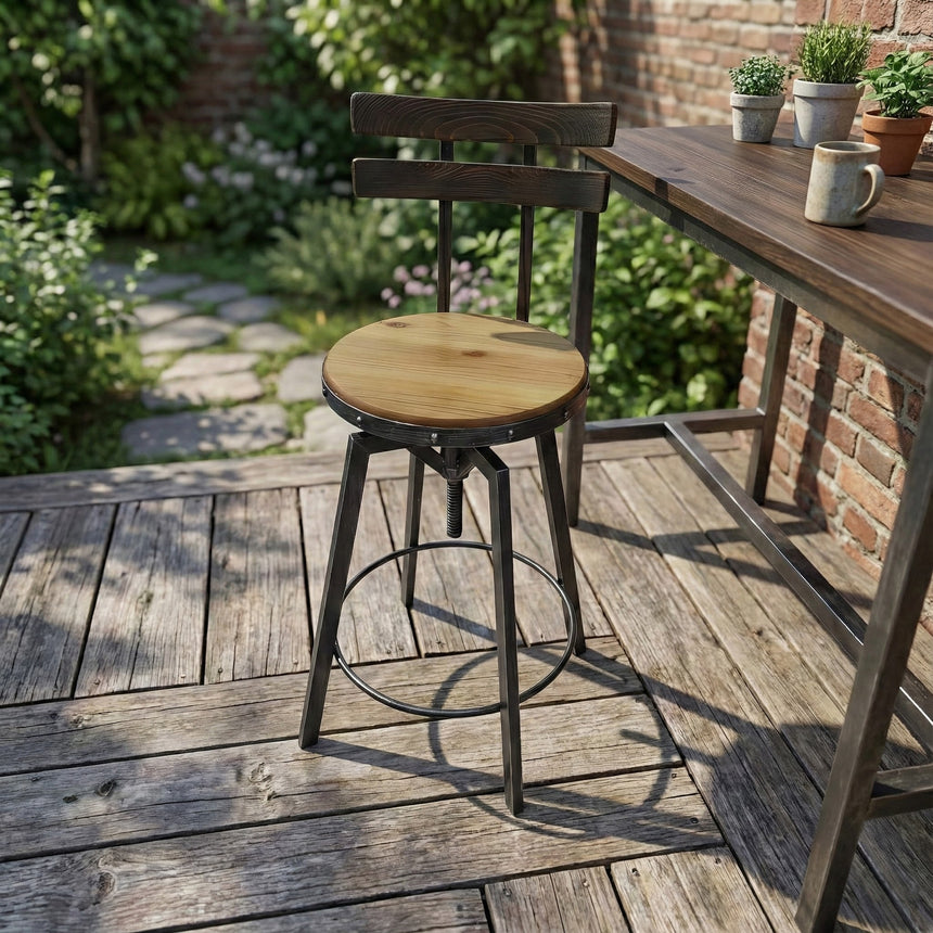 Swivel Barstool With Backrest, Solid Wood Barrel Head Base, Hand Made Metal Frame Construction