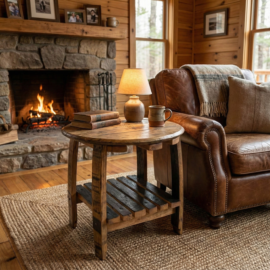 A cozy living room featuring a leather chair, Side Table With Barrel Head & Rack, lamp, books, and a stone fireplace with a glowing fire—an inviting space radiating rustic elegance.