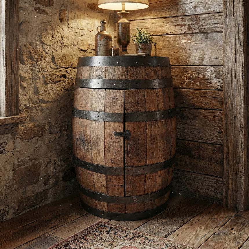 A Half Barrel Cabinet with Door and Shelves, hand made from solid wood as a mini bar, brings rustic charm to any room corner—ideal for bourbon barrel furniture fans and rustic home decor lovers.