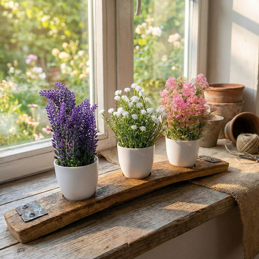 Three small potted flowers sit on the Bud Vase Stand, crafted from reclaimed whiskey barrels, and are positioned near a sunny window with a garden view.