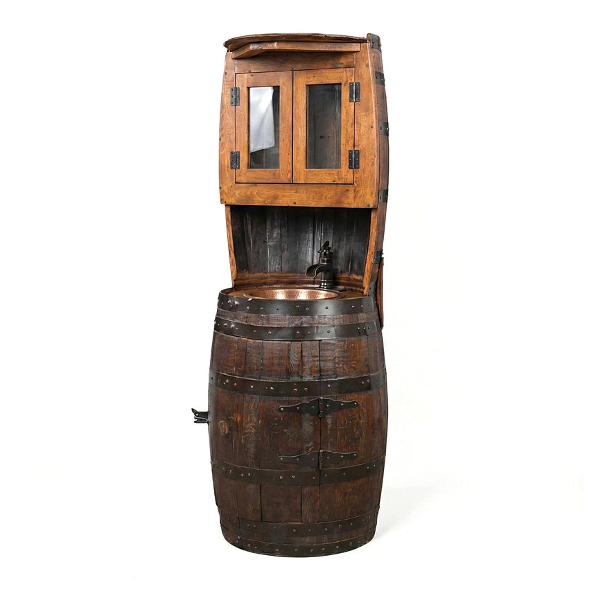The Barrel Vanity is a rustic wooden whiskey barrel repurposed as a sink, complete with a built-in cabinet and faucet on top.