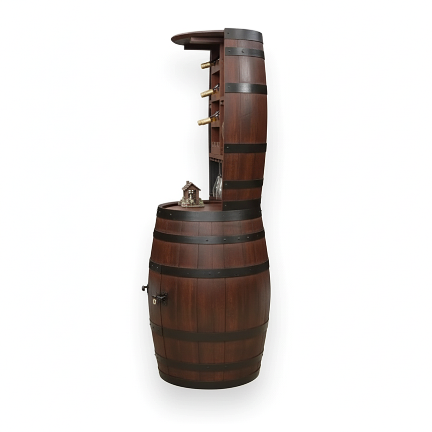 The 12 Bottles Barrel Hutch, a wooden barrel-shaped home bar inspired by whiskey barrels, features shelves for wine bottles and glasses and is beautifully photographed from the side.