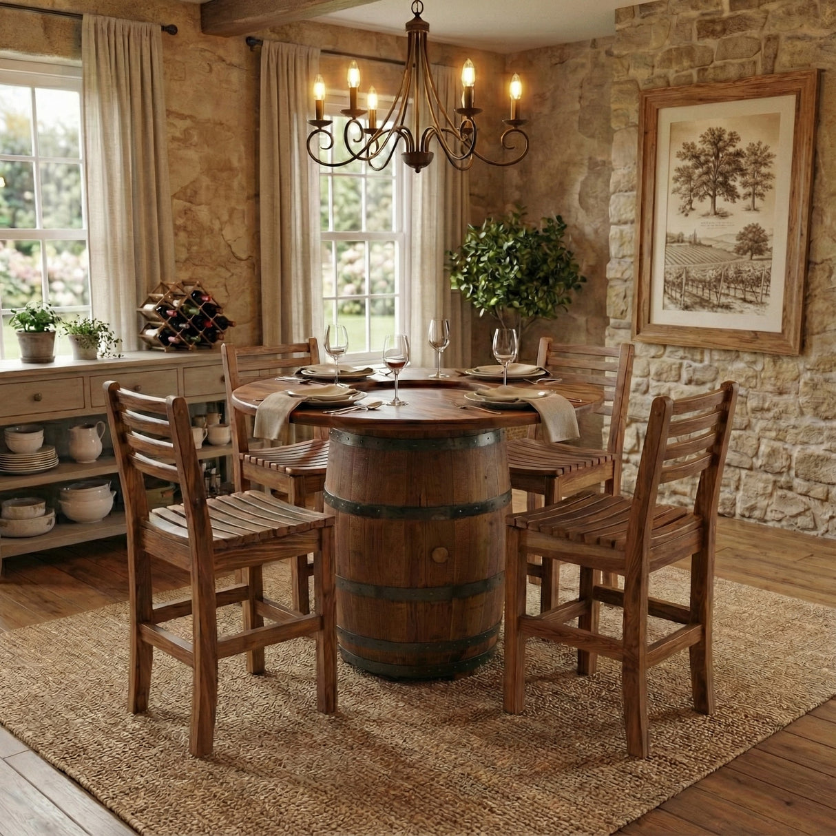Rustic dining room featuring the Barrel Dinner Table And Dinner Chairs, complemented by stone walls and a chandelier.