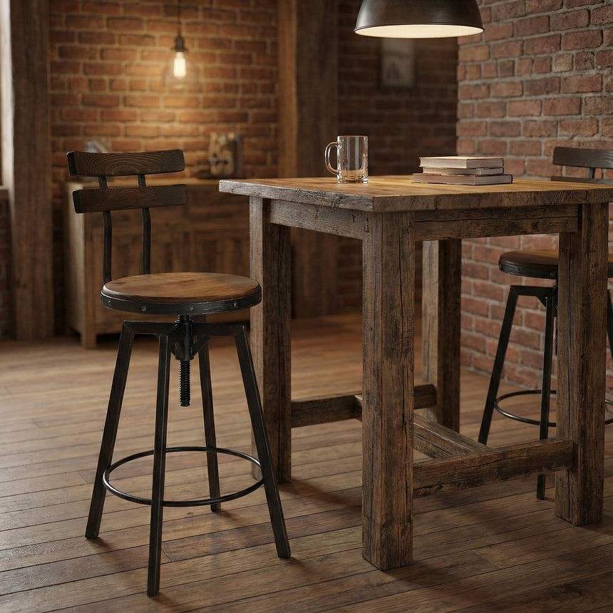 Swivel Barstool With Backrest, Solid Wood Barrel Head Base, Hand Made Metal Frame Construction