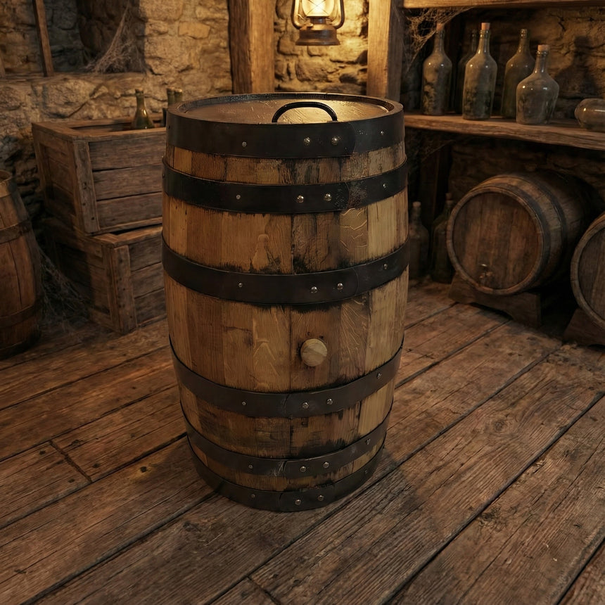 The Small Barrel With Lift Up Lid features metal bands and stands on a rustic wooden floor in a dimly lit room, bringing authentic whiskey barrel charm as a unique rustic storage solution among bottles and crates.