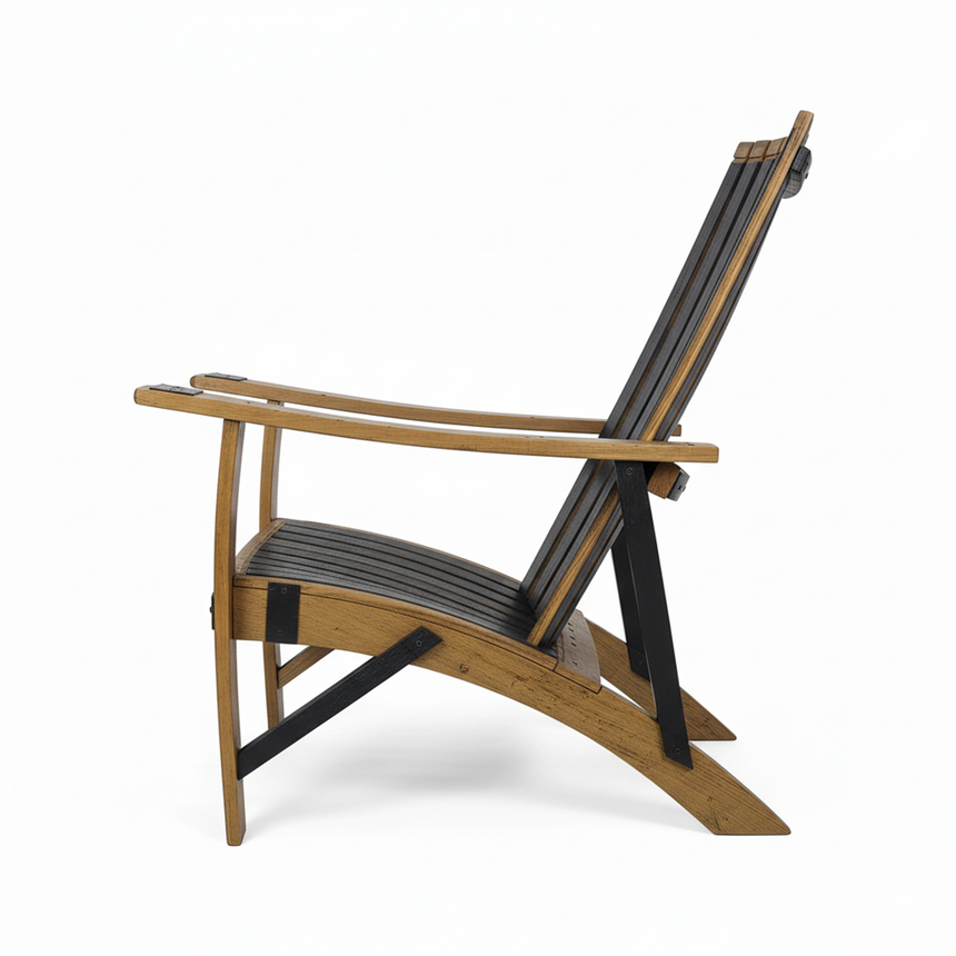 Side view of the Adirondack Lounge Chair, hand made from solid wood barrel staves, featuring black seat and back slats and a modern angled design.